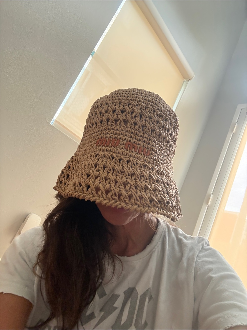 Miu Miu Tan Crochet Bucket Hat with Brown Logo - Picture 8 of 9